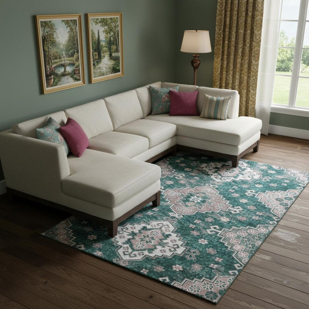 HomeRoots 10' Washable Emerald Brown and Ivory Medallion Area Rug with UV Protection for Stylish Homes 667378