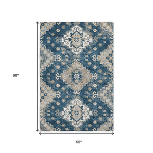 HomeRoots 5' X 8' Navy Blue Medallion Area Rug – Washable, Stain-Resistant, UV Protected for Stylish Living Spaces 667380