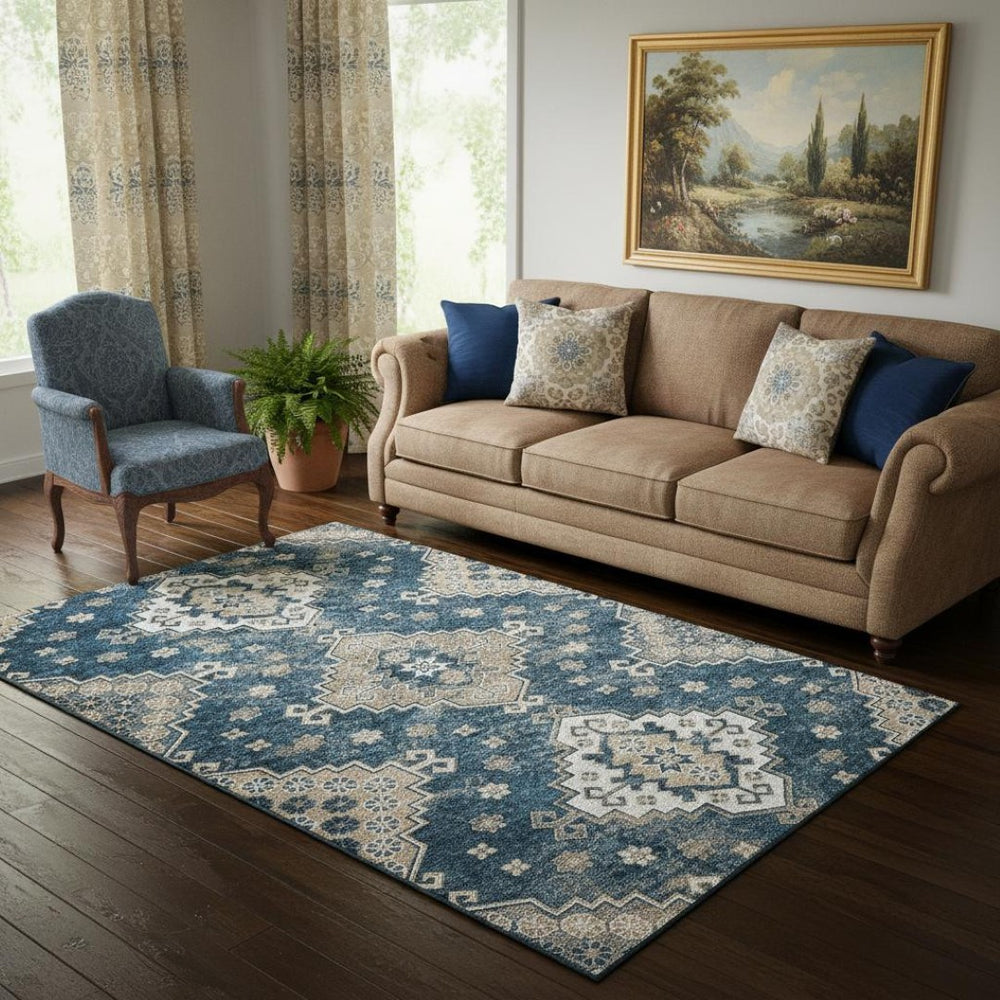 HomeRoots 5' X 8' Navy Blue Medallion Area Rug – Washable, Stain-Resistant, UV Protected for Stylish Living Spaces 667380
