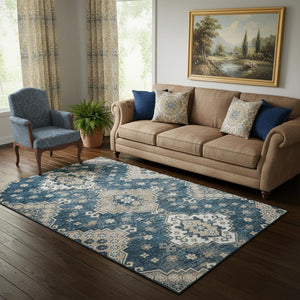 HomeRoots 5' X 8' Navy Blue Medallion Area Rug – Washable, Stain-Resistant, UV Protected for Stylish Living Spaces 667380