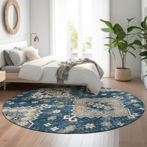 HomeRoots 8' Navy Blue Medallion Washable Round Rug – Durable, Stain-Resistant with UV Protection for Homes 667381