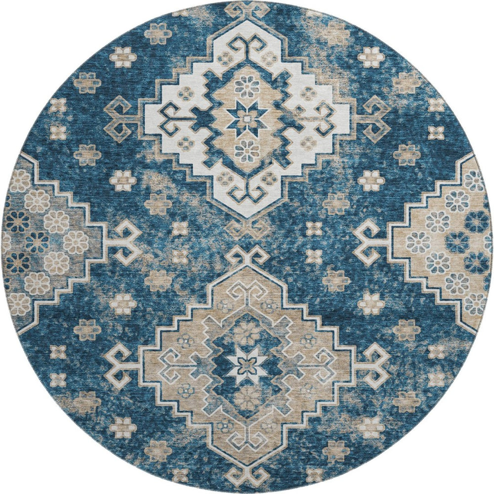 HomeRoots 8' Navy Blue Medallion Washable Round Rug – Durable, Stain-Resistant with UV Protection for Homes 667381