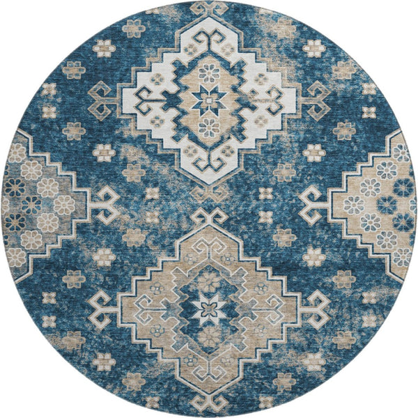 HomeRoots 8' Navy Blue Medallion Washable Round Rug – Durable, Stain-Resistant with UV Protection for Homes 667381
