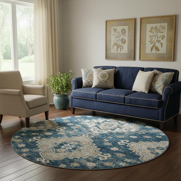 HomeRoots 8' Navy Blue Medallion Washable Round Rug – Durable, Stain-Resistant with UV Protection for Homes 667381