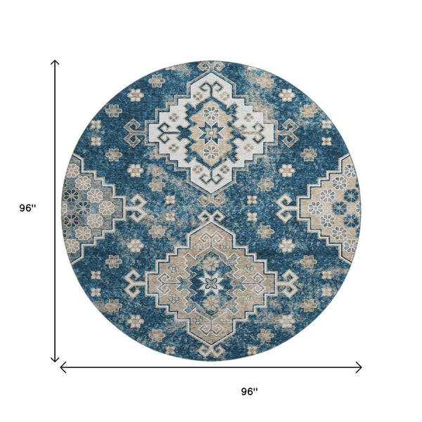 HomeRoots 8' Navy Blue Medallion Washable Round Rug – Durable, Stain-Resistant with UV Protection for Homes 667381