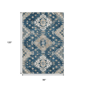 HomeRoots 8' X 10' Navy Blue Ivory Beige Medallion Area Rug - Washable, UV Protected, Durable & Stylish Decor! 667382