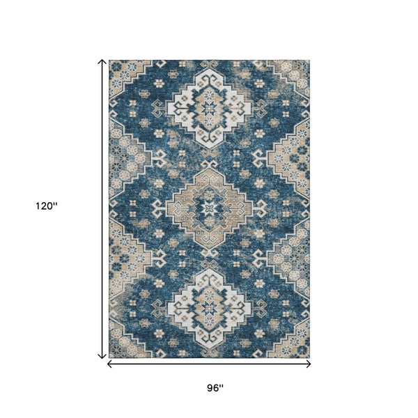 HomeRoots 8' X 10' Navy Blue Ivory Beige Medallion Area Rug - Washable, UV Protected, Durable & Stylish Decor! 667382