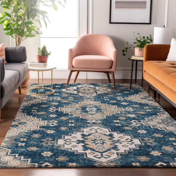 HomeRoots 8' X 10' Navy Blue Ivory Beige Medallion Area Rug - Washable, UV Protected, Durable & Stylish Decor! 667382