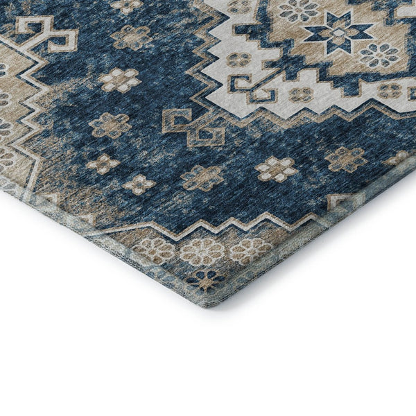 HomeRoots 8' X 10' Navy Blue Ivory Beige Medallion Area Rug - Washable, UV Protected, Durable & Stylish Decor! 667382