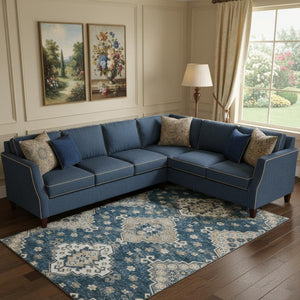 HomeRoots 8' X 10' Navy Blue Ivory Beige Medallion Area Rug - Washable, UV Protected, Durable & Stylish Decor! 667382