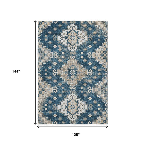 HomeRoots 9' X 12' Washable Navy Blue Medallion Area Rug with UV Protection - Elegant, Durable & Pet-Friendly 667383