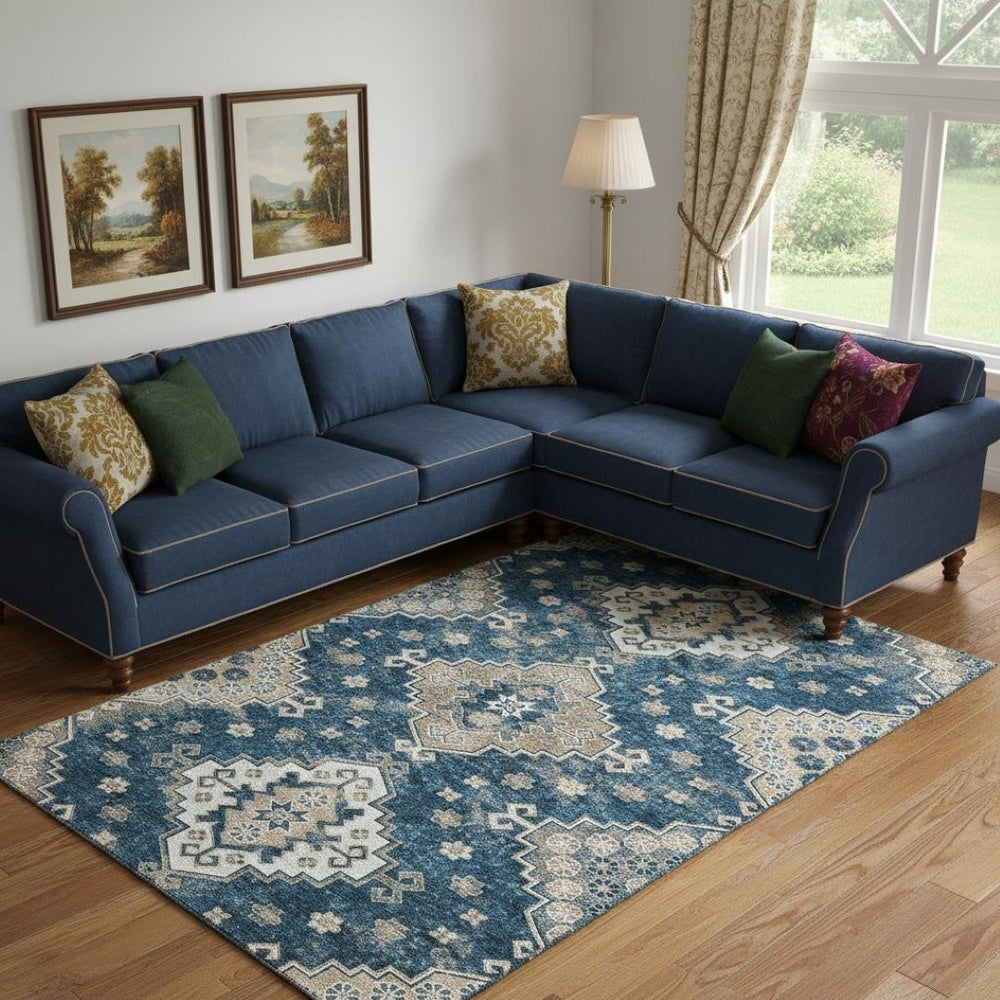 HomeRoots 9' X 12' Washable Navy Blue Medallion Area Rug with UV Protection - Elegant, Durable & Pet-Friendly 667383