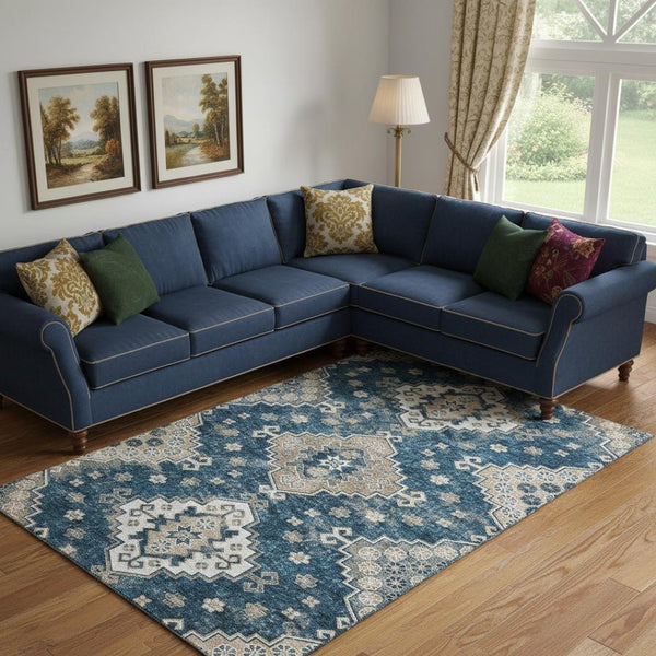 HomeRoots 9' X 12' Washable Navy Blue Medallion Area Rug with UV Protection - Elegant, Durable & Pet-Friendly 667383
