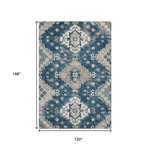 HomeRoots 10' X 14' Navy Blue Ivory Beige Medallion Area Rug - Stain-Resistant, UV-Protected, Durable Elegance 667384