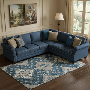 HomeRoots 10' X 14' Navy Blue Ivory Beige Medallion Area Rug - Stain-Resistant, UV-Protected, Durable Elegance 667384