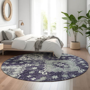 HomeRoots 8' Purple Ivory Sage Medallion Round Rug – Washable, UV Protected, Elegant Design for Any Space 667387
