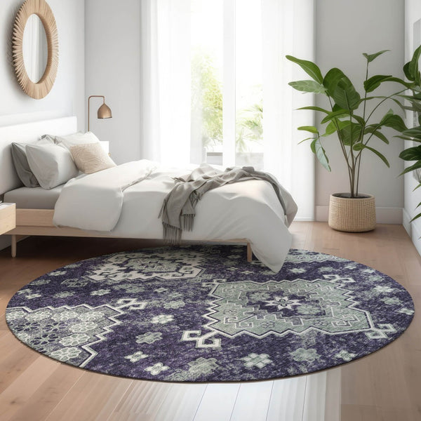 HomeRoots 8' Purple Ivory Sage Medallion Round Rug – Washable, UV Protected, Elegant Design for Any Space 667387