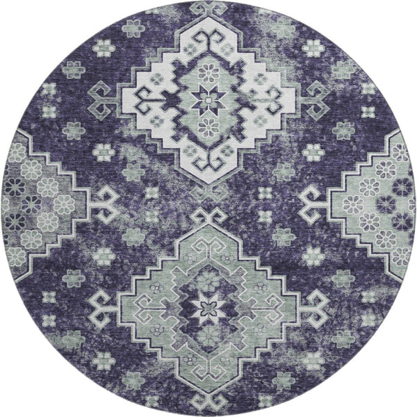 HomeRoots 8' Purple Ivory Sage Medallion Round Rug – Washable, UV Protected, Elegant Design for Any Space 667387