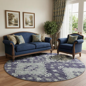 HomeRoots 8' Purple Ivory Sage Medallion Round Rug – Washable, UV Protected, Elegant Design for Any Space 667387