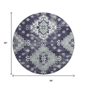 HomeRoots 8' Purple Ivory Sage Medallion Round Rug – Washable, UV Protected, Elegant Design for Any Space 667387