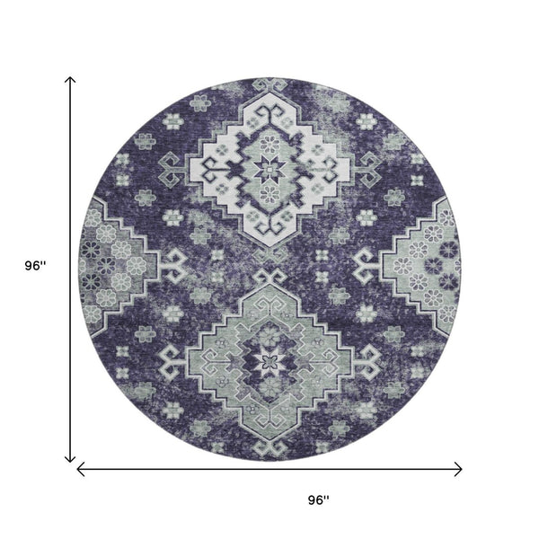 HomeRoots 8' Purple Ivory Sage Medallion Round Rug – Washable, UV Protected, Elegant Design for Any Space 667387