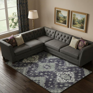 HomeRoots 9' X 12' Washable Area Rug with UV Protection - Elegant Purple, Ivory & Sage Medallion Design for Homes 667389