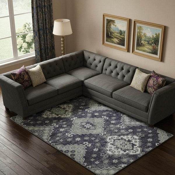 HomeRoots 9' X 12' Washable Area Rug with UV Protection - Elegant Purple, Ivory & Sage Medallion Design for Homes 667389