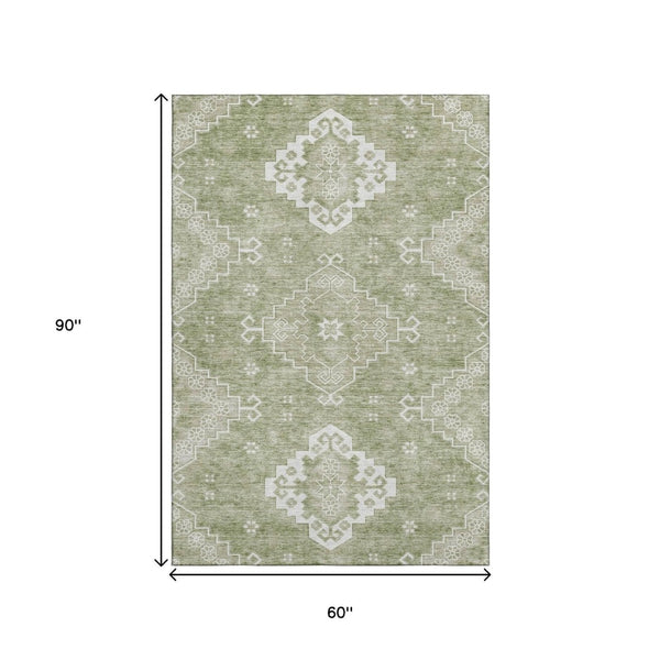 HomeRoots 5' X 8' Artichoke Green & Ivory Medallion Area Rug – Washable, Stain-Resistant, UV Protected Elegance 667392