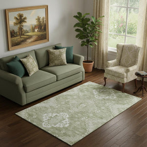 HomeRoots 5' X 8' Artichoke Green & Ivory Medallion Area Rug – Washable, Stain-Resistant, UV Protected Elegance 667392