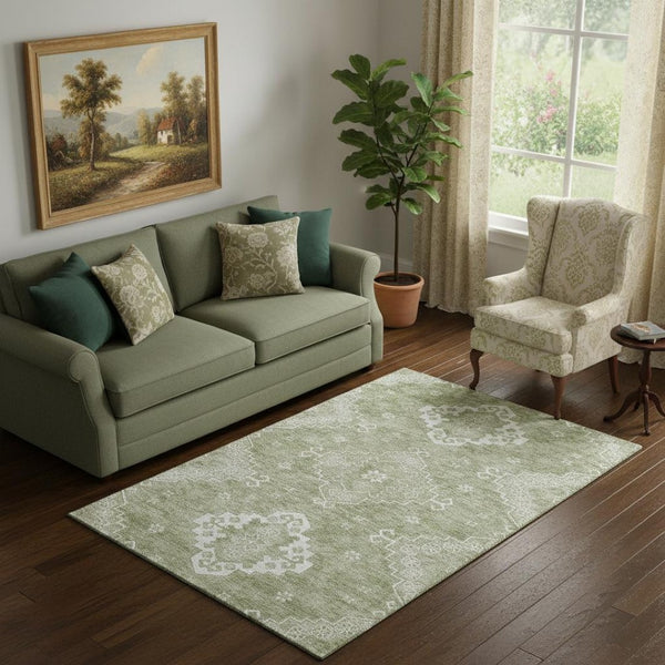 HomeRoots 5' X 8' Artichoke Green & Ivory Medallion Area Rug – Washable, Stain-Resistant, UV Protected Elegance 667392