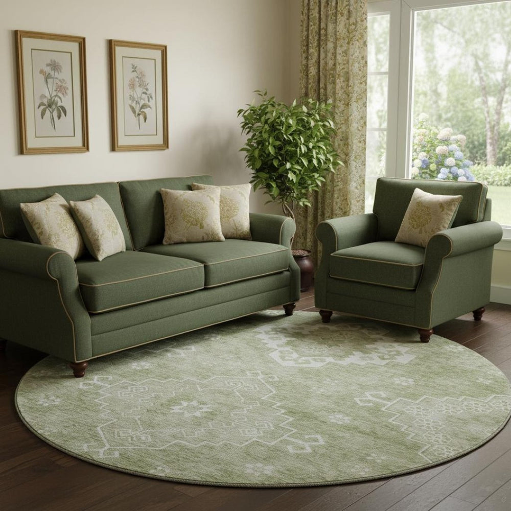 HomeRoots 8' Artichoke Green Medallion Round Rug - Washable, UV-Protected, Durable & Stylish for Any Space 667393
