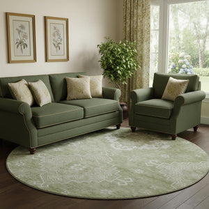HomeRoots 8' Artichoke Green Medallion Round Rug - Washable, UV-Protected, Durable & Stylish for Any Space 667393