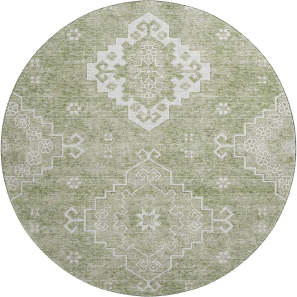 HomeRoots 8' Artichoke Green Medallion Round Rug - Washable, UV-Protected, Durable & Stylish for Any Space 667393