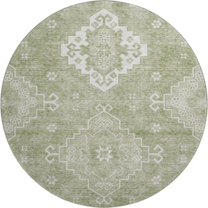 HomeRoots 8' Artichoke Green Medallion Round Rug - Washable, UV-Protected, Durable & Stylish for Any Space 667393