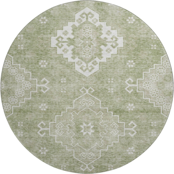 HomeRoots 8' Artichoke Green Medallion Round Rug - Washable, UV-Protected, Durable & Stylish for Any Space 667393