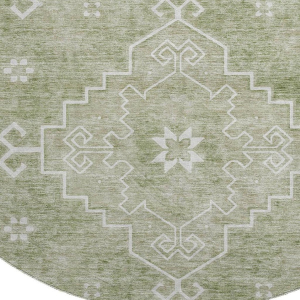 HomeRoots 8' Artichoke Green Medallion Round Rug - Washable, UV-Protected, Durable & Stylish for Any Space 667393