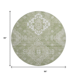 HomeRoots 8' Artichoke Green Medallion Round Rug - Washable, UV-Protected, Durable & Stylish for Any Space 667393