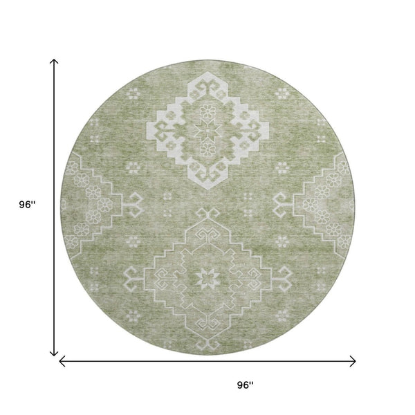 HomeRoots 8' Artichoke Green Medallion Round Rug - Washable, UV-Protected, Durable & Stylish for Any Space 667393