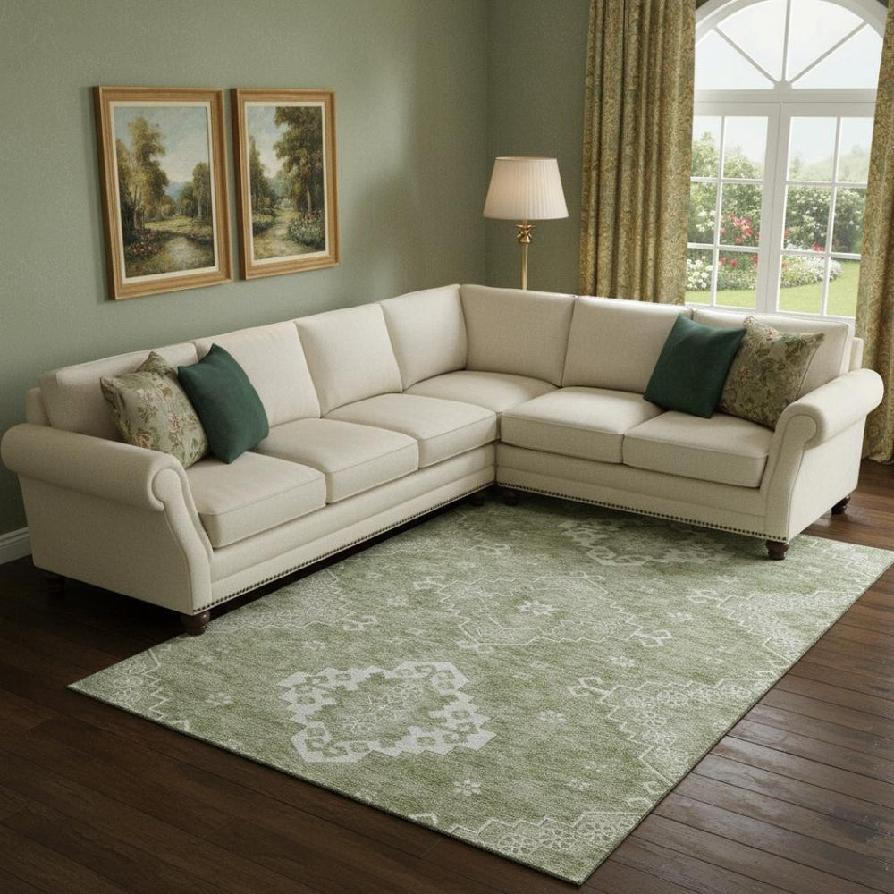 HomeRoots 8' X 10' Artichoke Green Medallion Area Rug - Washable, UV Protected, Stylish & Durable for Homes 667394