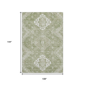 HomeRoots 9' X 12' Artichoke Green Medallion Area Rug - Washable, Stain-Resistant, UV Protected for Homes 667395