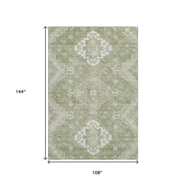 HomeRoots 9' X 12' Artichoke Green Medallion Area Rug - Washable, Stain-Resistant, UV Protected for Homes 667395