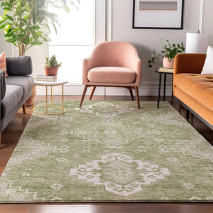 HomeRoots 9' X 12' Artichoke Green Medallion Area Rug - Washable, Stain-Resistant, UV Protected for Homes 667395