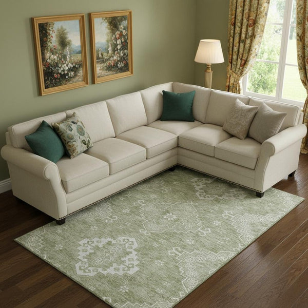 HomeRoots 9' X 12' Artichoke Green Medallion Area Rug - Washable, Stain-Resistant, UV Protected for Homes 667395
