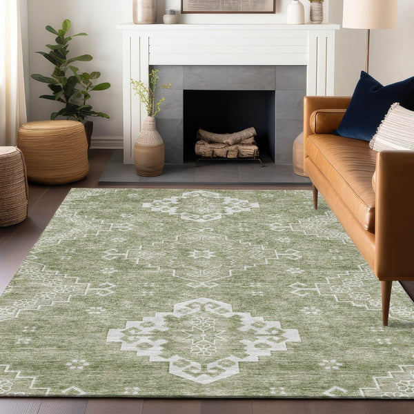 HomeRoots 9' X 12' Artichoke Green Medallion Area Rug - Washable, Stain-Resistant, UV Protected for Homes 667395