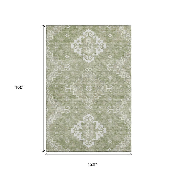 HomeRoots 10' Artichoke Green & Ivory Medallion Washable Area Rug - Stain Resistant, UV Protected & Stylish 667396