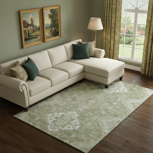 HomeRoots 10' Artichoke Green & Ivory Medallion Washable Area Rug - Stain Resistant, UV Protected & Stylish 667396