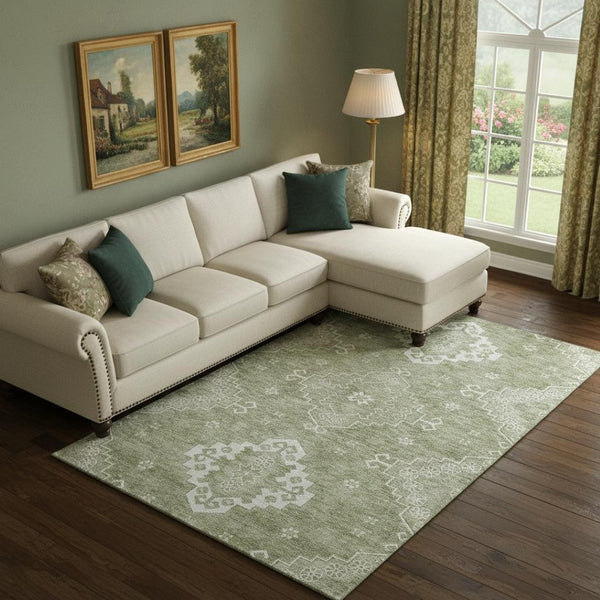 HomeRoots 10' Artichoke Green & Ivory Medallion Washable Area Rug - Stain Resistant, UV Protected & Stylish 667396