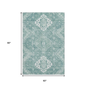 HomeRoots 5' X 8' Aqua & Ivory Medallion Area Rug - Washable, UV Protected, Durable & Stylish for Every Home 667398
