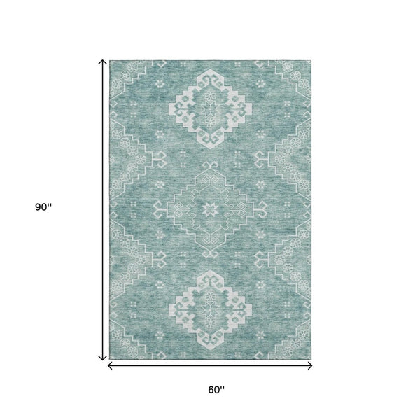 HomeRoots 5' X 8' Aqua & Ivory Medallion Area Rug - Washable, UV Protected, Durable & Stylish for Every Home 667398