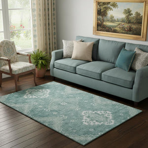 HomeRoots 5' X 8' Aqua & Ivory Medallion Area Rug - Washable, UV Protected, Durable & Stylish for Every Home 667398